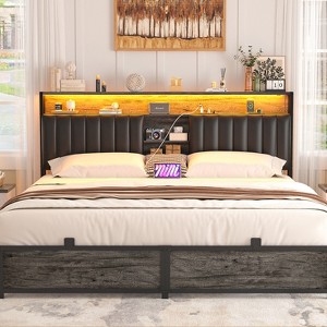 Aheaplus Platform Beds with Upholstered Headboard, Charge Station, and LED Lights - 1 of 4