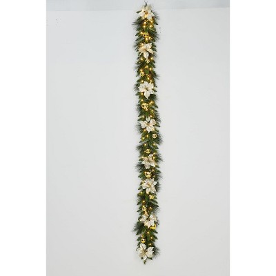 9FT Prelit Christmas Garland Decorations with LED Lights, Battery Operated Lighted Garland with Ball Poinsettia Ornaments for Xmas Decor