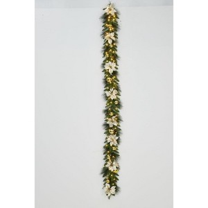 9FT Prelit Christmas Garland Decorations with LED Lights, Battery Operated Lighted Garland with Ball Poinsettia Ornaments for Xmas Decor - 1 of 1