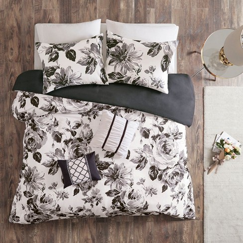 Full Queen 5pc Hannah Floral Duvet Cover Set Black White Target