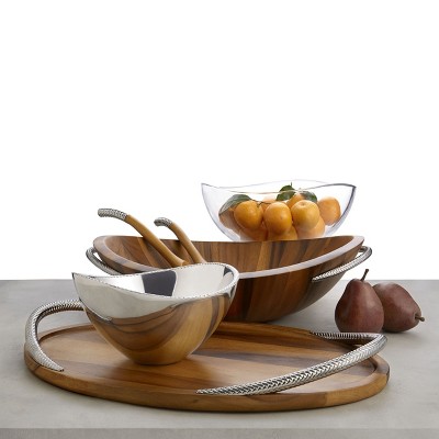 Acacia Wood and Chrome Braid Salad Bowl with Servers