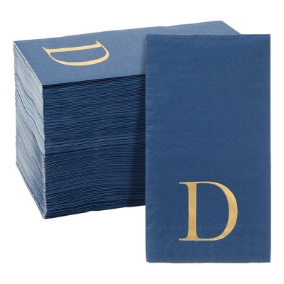 100 Navy Monogrammed Napkins Gold Foil Initial for Engagement, Wedding (4x8 Inches)