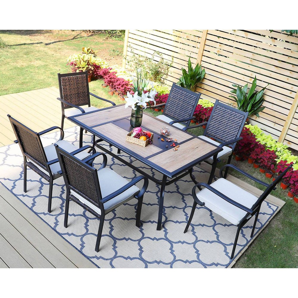 7pc Patio Set with Steel Table & Wicker Rattan Dining Chairs Captiva Designs