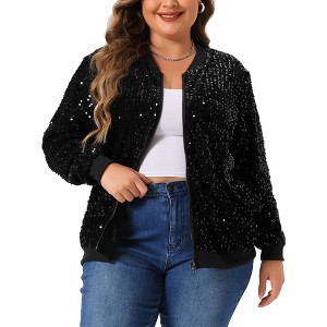 Agnes Orinda Women's Plus Size Long Sleeve Front Zip with Pockets Sequin Bomber Jackets - 1 of 4