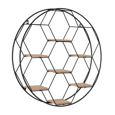 28"x28" Metal Round 7 Shelves Wall Black - Olivia & May: Industrial Floating Shelf Set