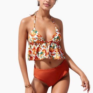Anna-Kaci Swim Women's Halter Bikini Set with Ruffle Tank Style Top and High Waist Bottoms - 1 of 4