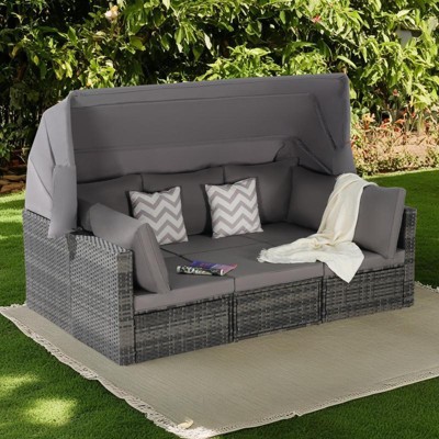 5-Piece Outdoor Patio Wicker Daybed Set with Retractable Canopy, Storable Table