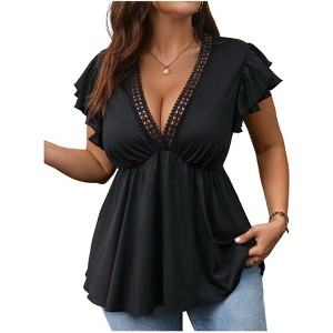 Coolmee Womens Plus Size Deep Lace V Neck Tops Ruffle Cap Sleeve Blouse  Babydoll Peplum Top Black 1XL : Target