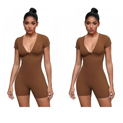 INSPIRE CHIC 2 Pcs Women's Cross Front Tummy Control Slimming Short Sleeves Body Shapers