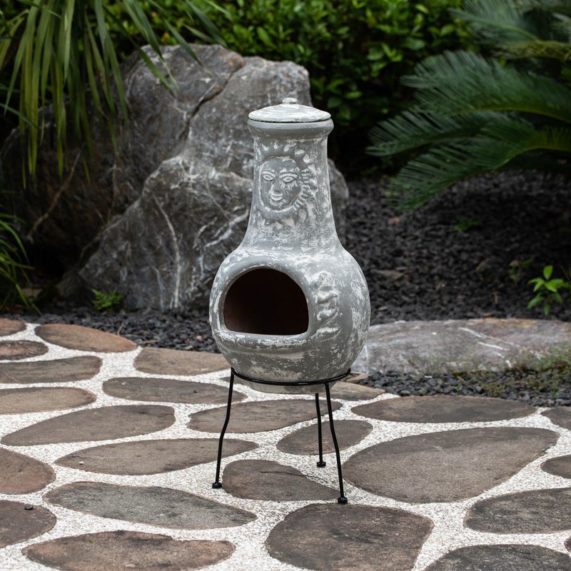 Vintiquewise Outdoor Clay Chiminea Fireplace Sun Design Wood Burning Fire Pit with Sturdy Metal Stand, Barbecue, Cocktail Party, Cozy Nights Fire Pit, 3 of 8