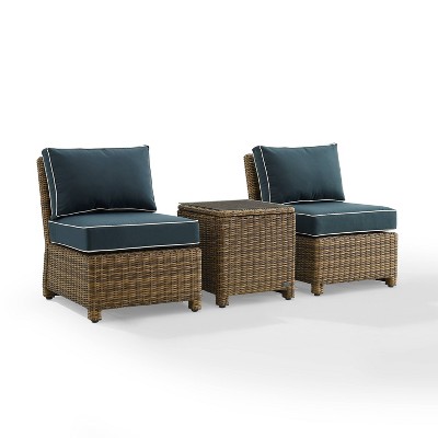 Bradenton 3pc Outdoor Wicker Set with Side Table & 2 Armless Chairs - Weathered Brown/Navy - Crosley