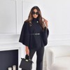Women's Solid Color Cape Coat Waist Tie Belt Stand Collar Flared Sleeve Versatile Outerwear,black,S - 3 of 3