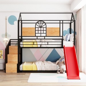 Twin Over Twin Metal Bunk Bed, Metal Housebed with Slide and Storage Stair, Black with Black Slide - 1 of 4