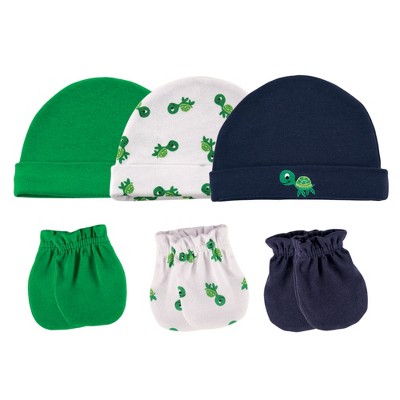 Image of Luvable Friends Baby Boy Cotton Caps and Scratch Mittens 6pk, Turtle, 0-6 Months