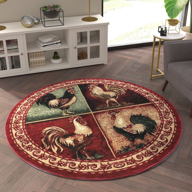 Emma and Oliver Rustic Farmhouse Plush Olefin Accent Rug with Rooster Design and Floral Borders and Natural Jute Backing, 4 of 8