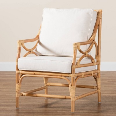 Natural Brown Rattan Armchair with White Cushions