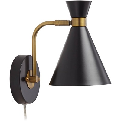 Venice Matte Black and Antique Brass Adjustable Cone Wall Lamp