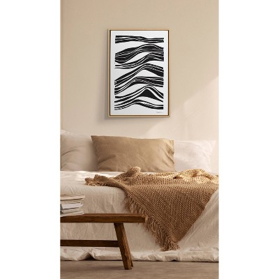 Abstract Waves Black and White Canvas Wall Art with Natural Frame