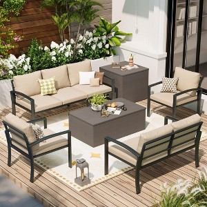 COWLOWN 7 Piece Khaki Metal Patio Furniture Set with 2 Storage Compartments, Outdoor Sectional Sofa Ideal for Backyard, Garden and Poolside Areas - 1 of 4