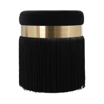 TOV Furniture Melody Velvet Tasseled Ottoman Black 14.2"W x 14.2"D x 16.3"H