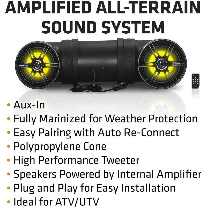 SOUNDSTORM BTB6L 6.5 Inch 450W Bluetooth Amplified Marine Powersports UTV ATV Tube Speaker System with LED Lights, Black, 3 of 7