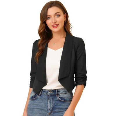 Allegra K Women's 3/4 Ruched Sleeve Shawl Lapel Lightweight Open Front Cardigans