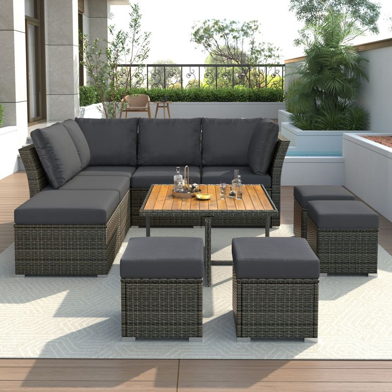 10 PCS Patio Rattan Furniture Set, Outdoor Conversation Sofa Set with CoffeeTable & Ottomans 4M -ModernLuxe, 2 of 11