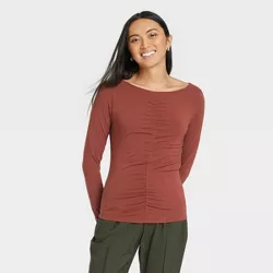 Women's Long Sleeve Slim Fit Boat Neck Ruched Front Top - A New Day™ Brown M