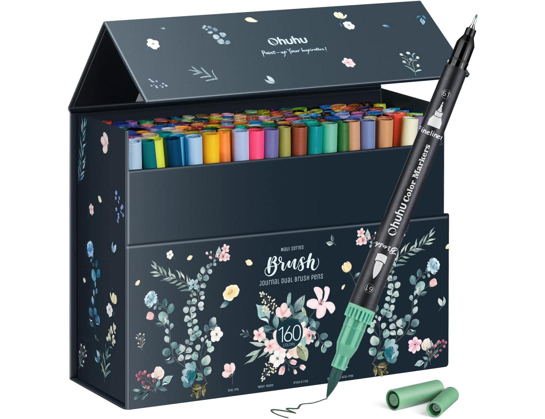 Ohuhu Markers for Adult Coloring Books No bleeding 160 Colors - Water-based Dual Tips Fineliner & Brush Drawing Pens Art Markers - Maui - Black