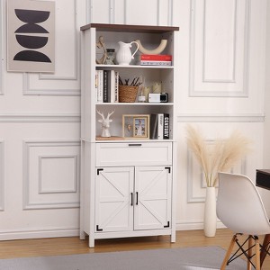 Bookshelf with Doors, 6-Tire Farmhouse Storage Cabinet Bookcase Floor Standing Bookshelves with w/ 1 Drawer and Adjustable Shelves - 1 of 4