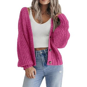 Zeagoo Women's 2025 Fall Chunky Knit Cardigans Open Front Long Sleeve V Neck Button Loose Cardigan Sweaters - 1 of 4