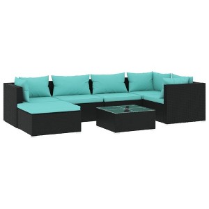 vidaXL 7-Piece Patio Lounge Set - Modular Outdoor Seating with Thick Padded Cushions, PE Rattan and Powder-Coated Steel Frame, Black & Water Blue - 1 of 4