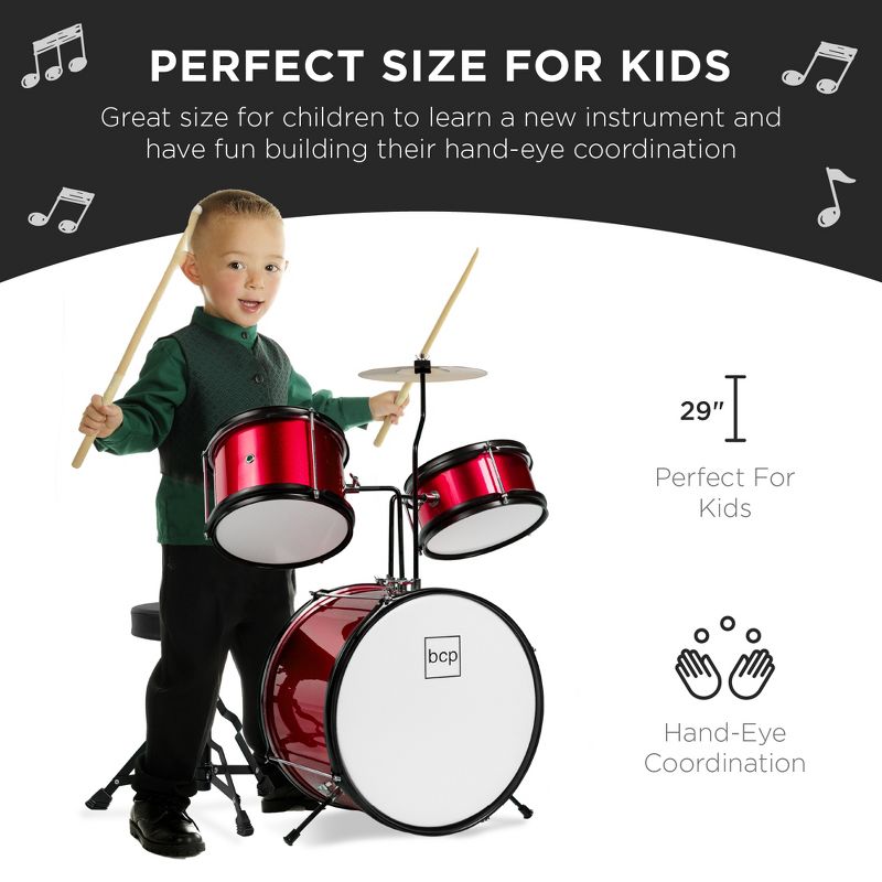 Best Choice Products Kids Beginner 3-Piece Drum, Musical Instrument Set w/ Sticks, Cushioned Stool, Drum Pedal, 3 of 8