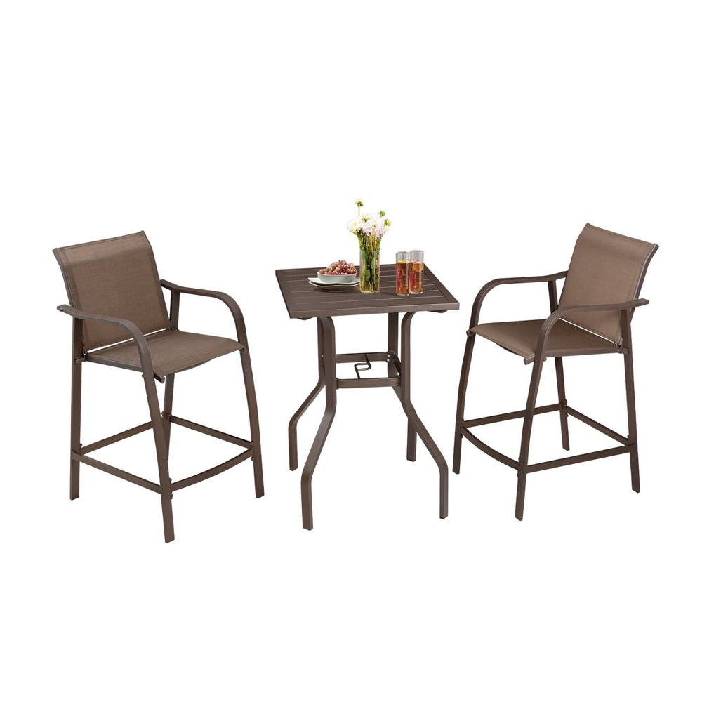 3pc Aluminum Patio Bar Set All-weather 2pc Bar Stools and Table with Umbrella Hole Brown – Crestlive Products  – Patio Decor​