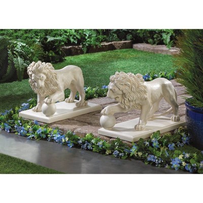16" Ivory Polyresin Regal Lion Statue Set for Garden