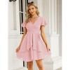 Clearlove Womens Skater Dresses V Neck Short Sleeve Tie Waist Solid Ruffle Boho Flowy Swing Mini Dress - 2 of 4