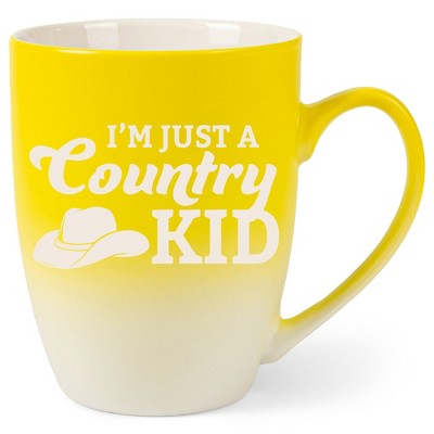100 North Cowboy Hat 10 Ounce Yellow and White Two Toned Ombre, Comfortably Fits Your Hands, Ceramic Tea Coffee Cup Mug, I'm Just A Country Kid