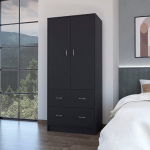 ORRD Wardrobe with 2 Doors & 2 Drawers, Freestanding Storage Cabinet with Hanging Rod, Closet Organizer for Bedroom, Black - 1 of 4