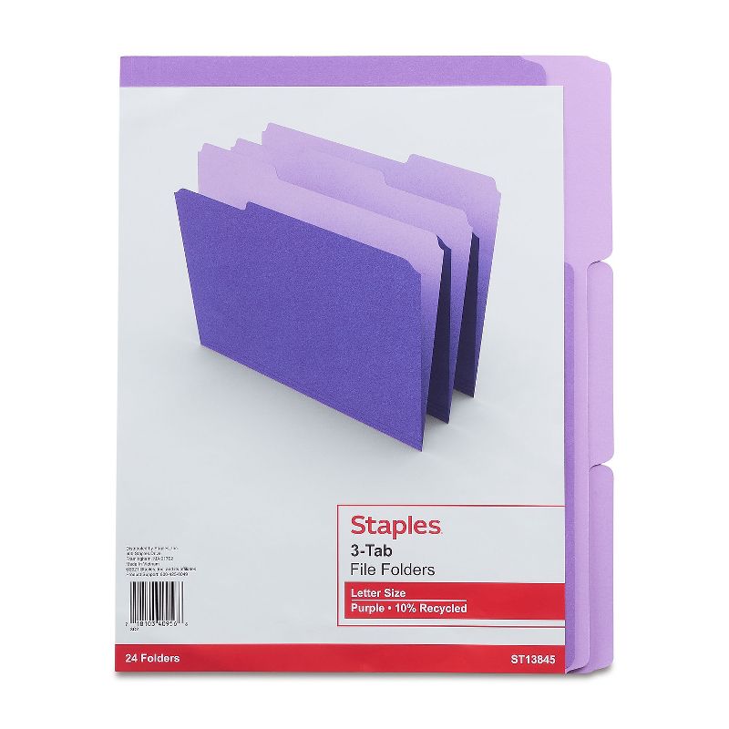 MyOfficeInnovations Colored Top-Tab File Folders 3 Tab Purple Letter Size 24/Pack MYO659790, 2 of 9