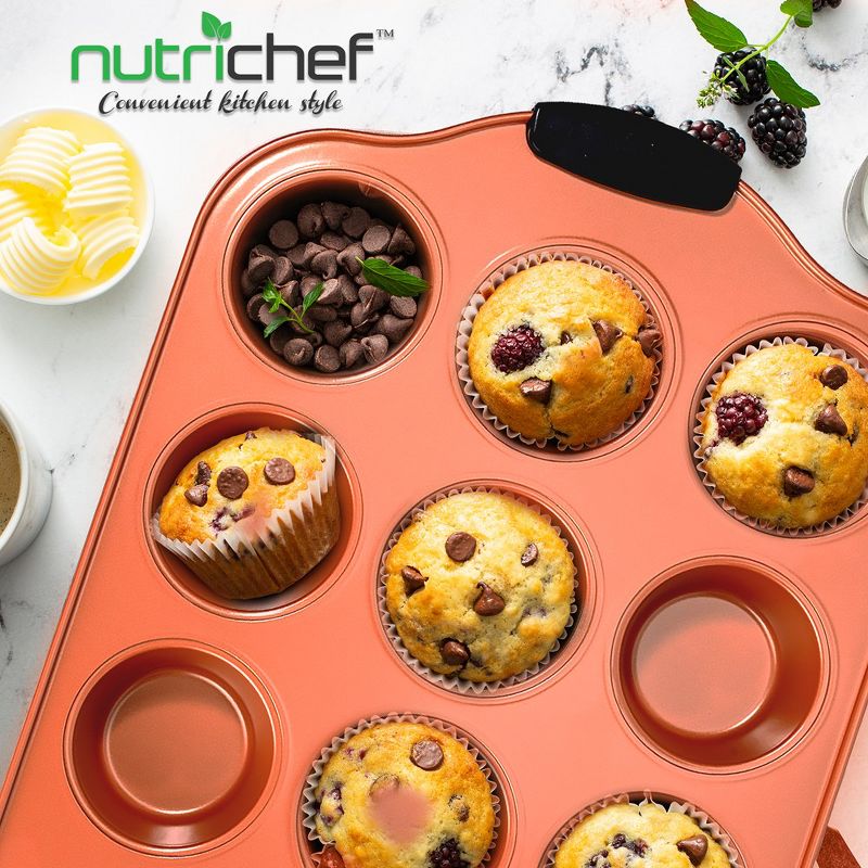 NutriChef 12 Cup Muffin Pan - Nonstick Carbon Steel Bake Pan w/ Black Silicone, 4 of 7