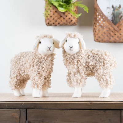 Whimsical Beige and White Plush Sheep Figurine Set