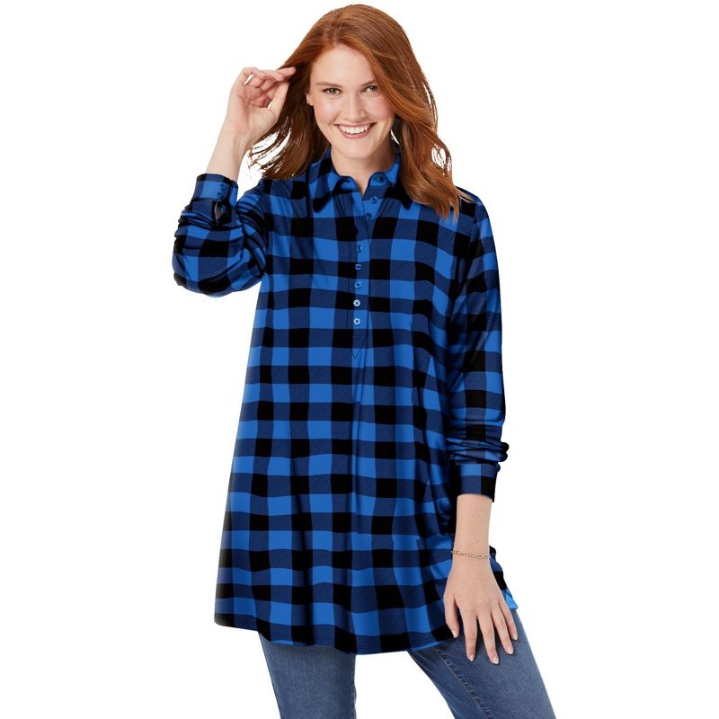 Woman Within Women's Plus Size Plaid Knit Tunic With Collar, 1 of 3