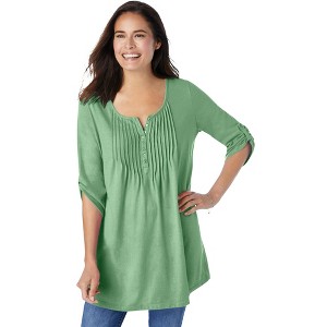 Woman Within Plus Size 7-Day Three-Quarter Sleeve Pintucked Henley Tunic - 1 of 4