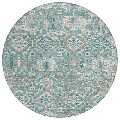 Pale Aqua And Copper Floral Medallion Washable Indoor Outdoor Area Rug