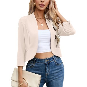 Clearlove Womens Cropped Blazer Casual Business 3/4 Sleeve Collarless Open Front Cardigan Work Jacket Shrug - 1 of 4