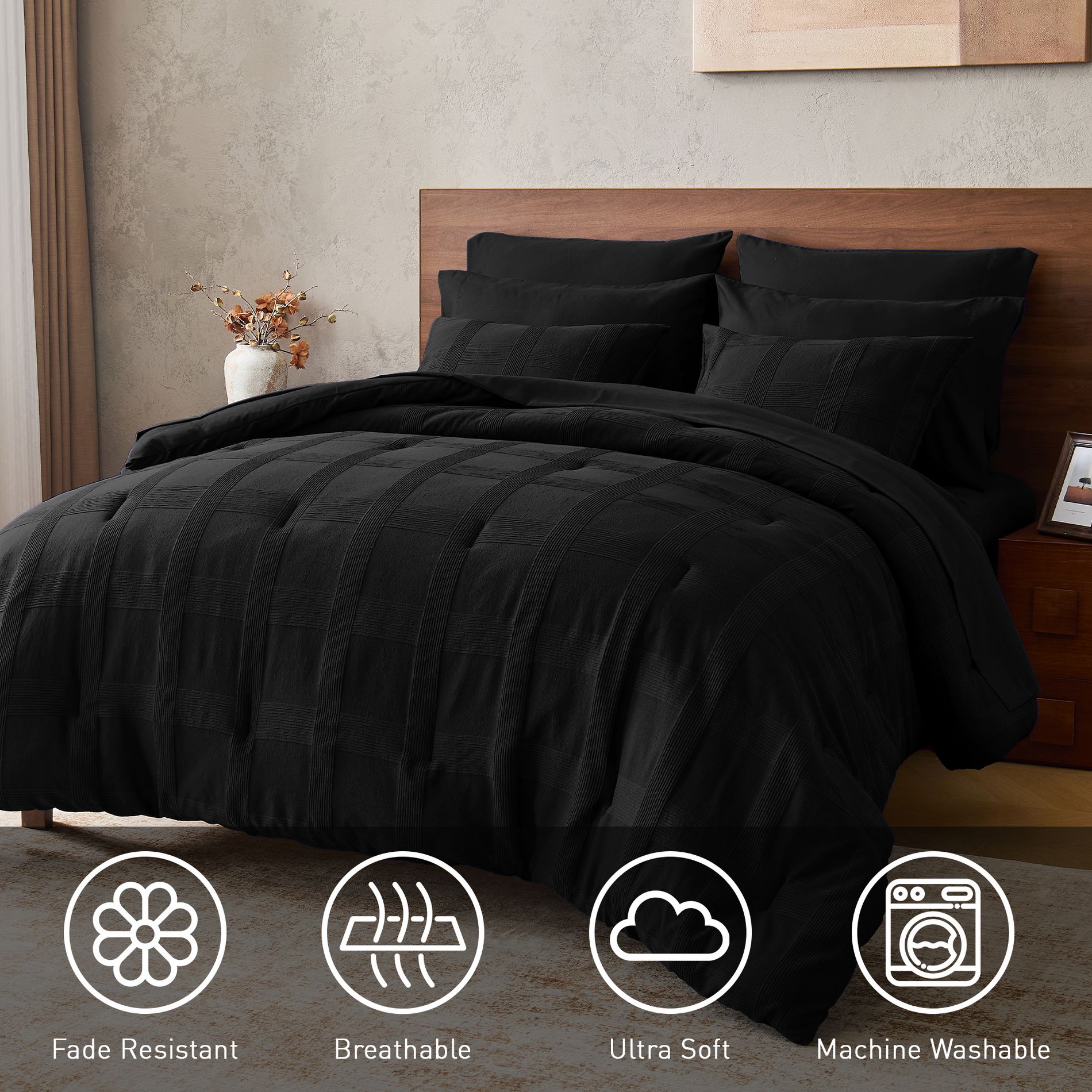 3Pcs Woven Stripe Texture Comforter Set, Premium Touch Solid Color Bed Set with Matching Shams