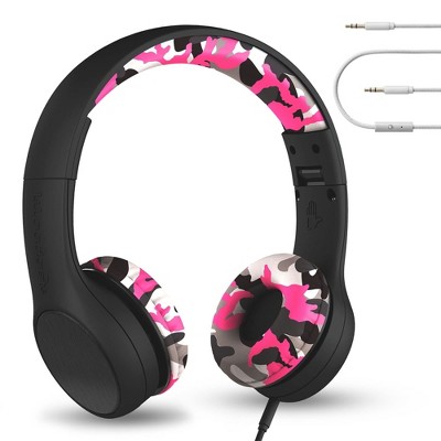 LiLGadgets Connect+ Style On-Ear Kids Headphones with Microphone- SharePort, SoftTouch Padding, Cable, Noise Reduction - Pink Camo