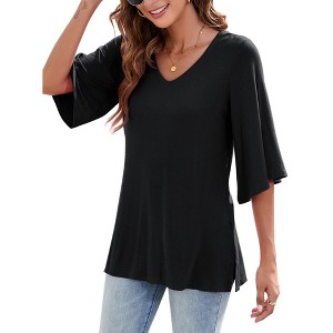 MISSKY Women's 3/4 Bell Sleeve V Neck Loose Fit Tunic Tops - 1 of 4