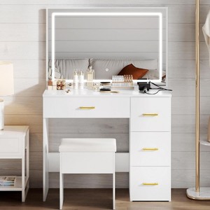 WAYES Makeup Vanity Set with LED Mirror, Charging Station, 4 Drawers & Storage Stool - 3-Foot Bedroom Vanity Desk, Modern White - 1 of 4
