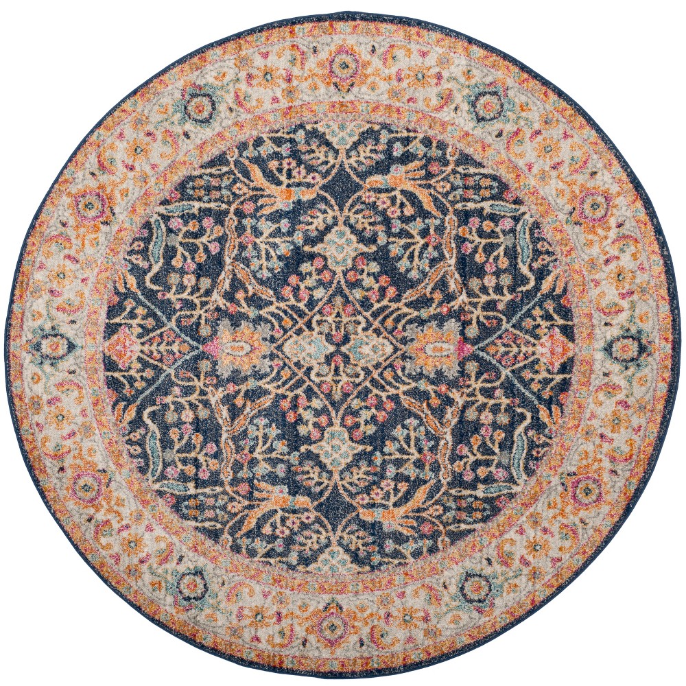 6'7in Floral Loomed Round Area Rug Navy/Cream - Safavieh